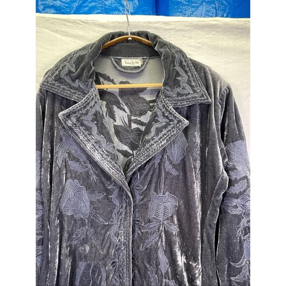 Time for Me Velvet Embroidered Floral Long Sleeve Coat Jacket Blue Large - Picture 3 of 13